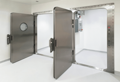 Dual PBSC interlocked containment doors forming an airlock system for cleanroom and high containment applications