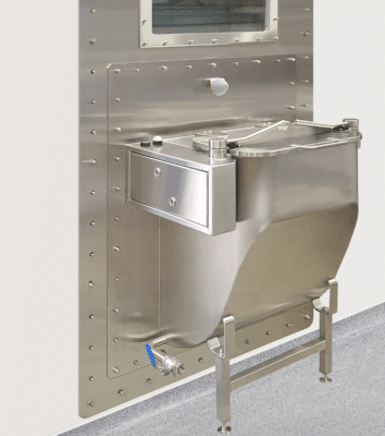 PBSC HC-DT dunk tank installed in a high containment wall showing external stainless steel construction designed to maintain containment during empty and shutdown states