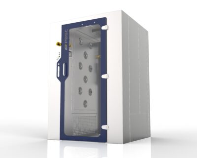 3D render of PBSC air shower unit with blue interlocked door, stainless steel construction and high velocity air nozzles for cleanroom personnel decontamination