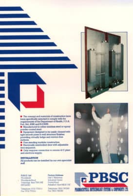 Page two of original PBSC air shower brochure showing modular construction specifications, installation notes and cleanroom personnel using wall mounted air nozzles