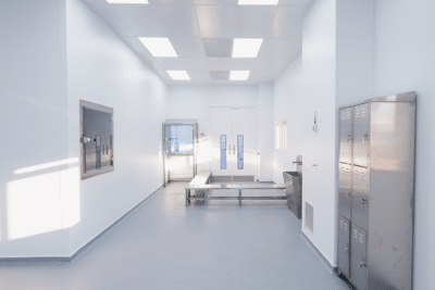 Pharmaceutical cleanroom interior showing a wall-mounted transfer hatch, freestanding pass-through unit, double-door airlock and stainless steel lockers and bench