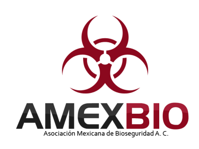 Logo of AMEXBIO (Asociación Mexicana de Bioseguridad A. C.) featuring a red biohazard symbol.