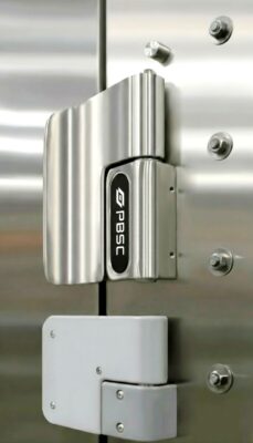 Close up of PBSC heavy duty stainless steel hinge designed for cleanroom and high containment doors