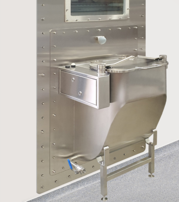 PBSC HC-DT dunk tank installed in a high containment wall showing external stainless steel construction designed to maintain containment during empty and shutdown states