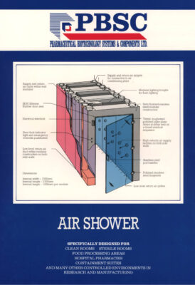 Original PBSC air shower brochure cover page showing labelled technical cross section with interlocked doors, HEPA supply ducts, return air grilles and stainless steel modular construction